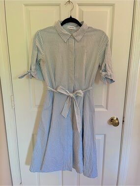 Calvin Klein Light Blue Gingham Midi Shirt Dress